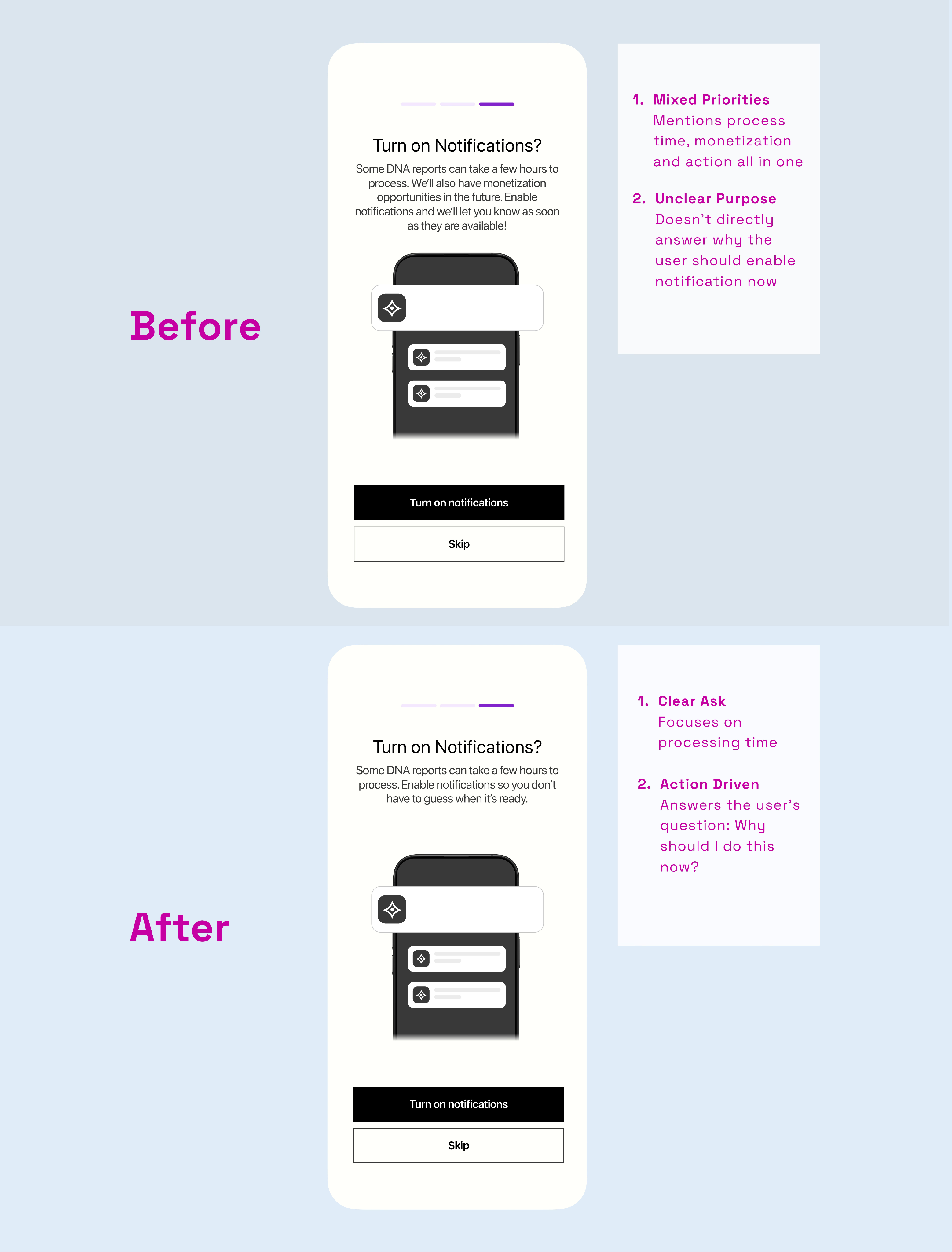 Results screen before and after redesign
